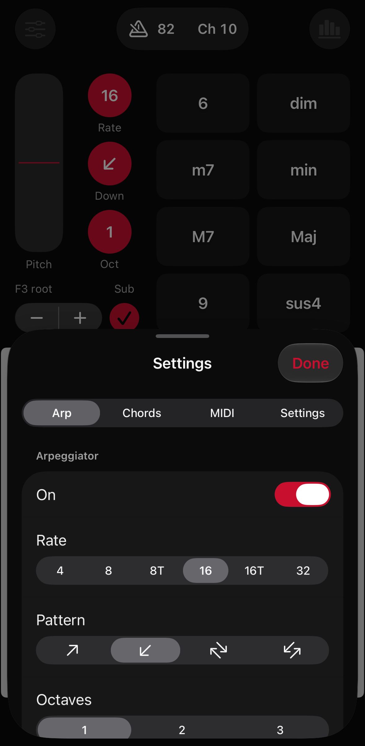 The arpeggiator settings on iPhone: turned on, 16th-note rate, down pattern, one octave