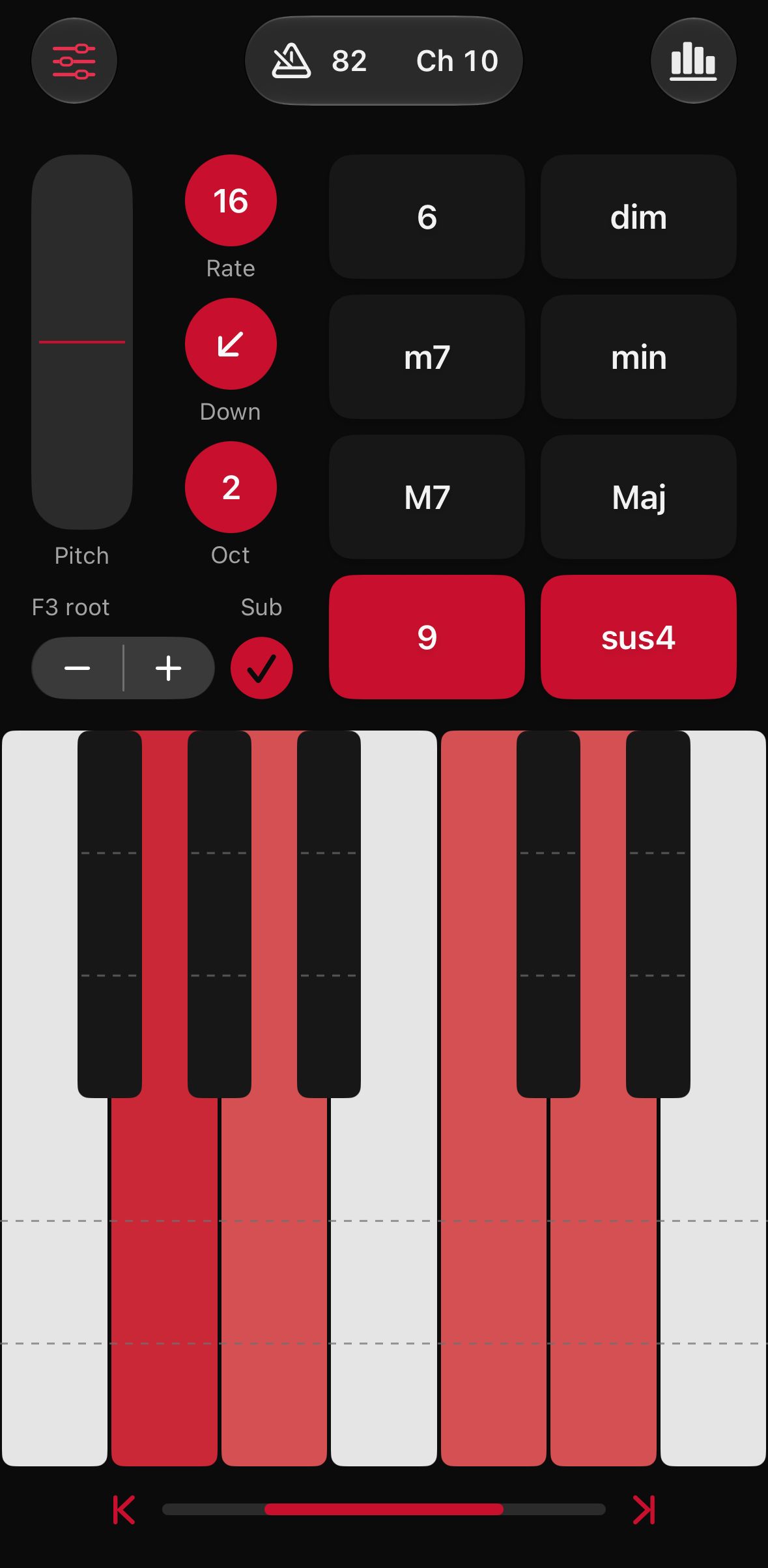 A suspended chord with a 9th extension held, notes spread across the keyboard zones