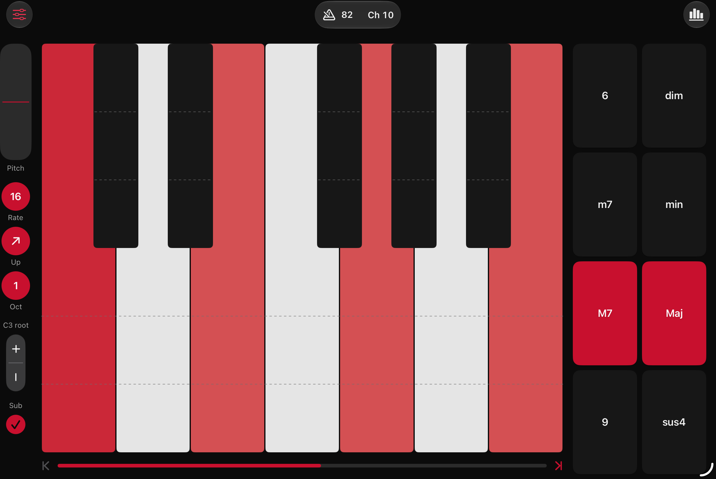 Mother MIDI on iPad: a twelve-key keyboard sounding a major seventh, with Maj and M7 held and the arpeggiator set to 16ths
