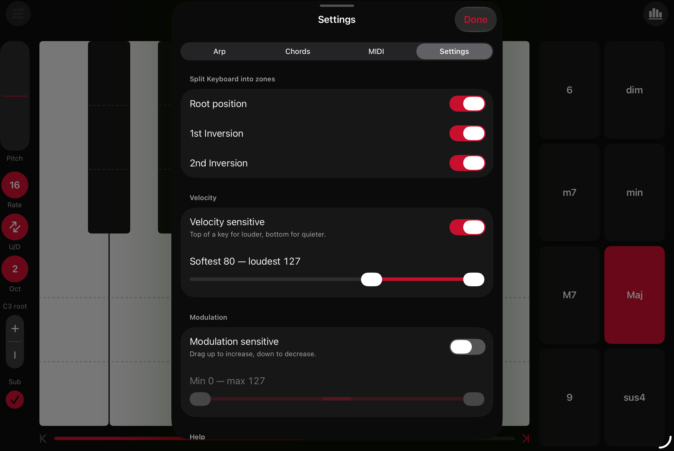 Settings on iPad with root position, first inversion, and second inversion zones turned on, over a keyboard split by dashed lines